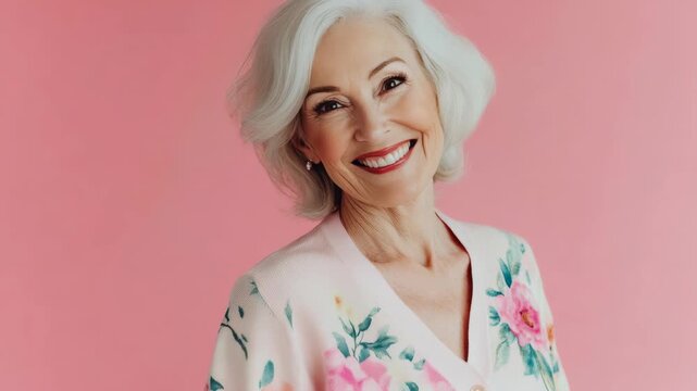 A joyful senior lady is smiling broadly for the camera. She has beautiful gray hair and wears a lovely floral blouse.