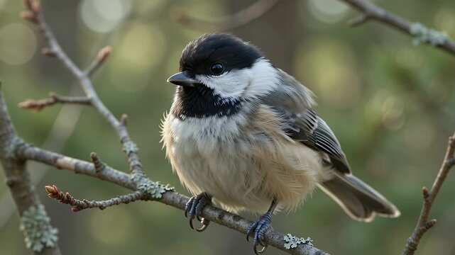 Close-up of a Black-capped Chickadee perched on a branch in a natural forest setting, showcasing its detailed plumage and alert posture