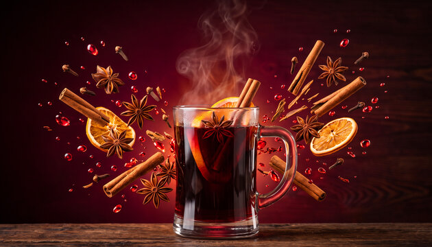 Hot mulled wine in a glass mug with spices and orange slices in winter setting