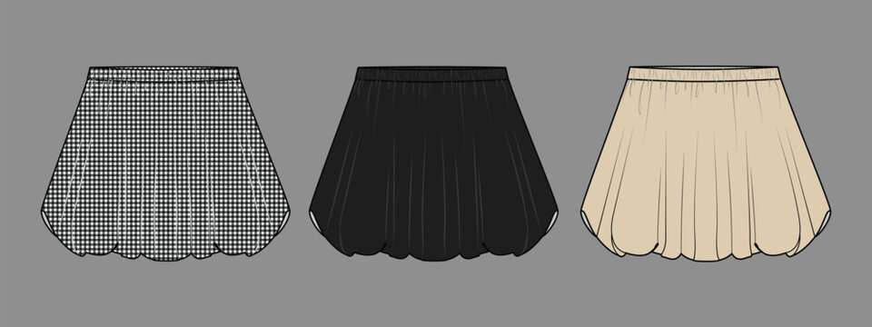 Beige Pleated Mini Skirt Fashion Flat Sketch Technical Drawing Vector