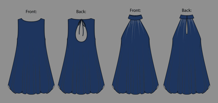 Navy Sleeveless Open Back Maxi Dress Fashion Flat Sketch Technical Drawing Vector