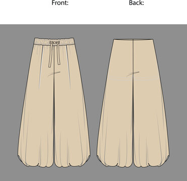 Beige Wide Leg Drawstring Pants Fashion Flat Sketch Technical Drawing Vector