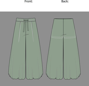 Sage Green Wide Leg Drawstring Pants Fashion Flat Sketch Technical Drawing Vector