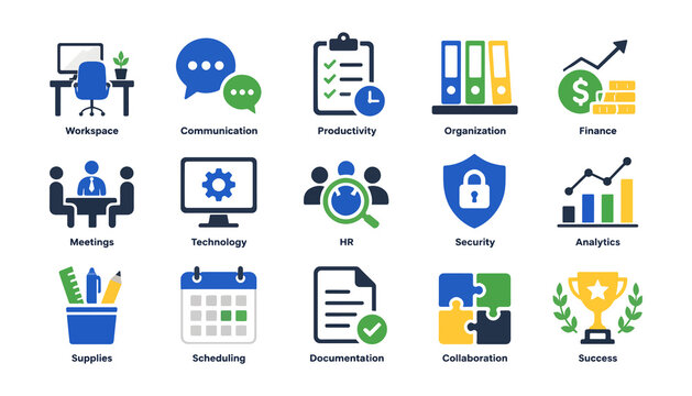 Complete Office Icon Collection for Business Productivity and Workflow Design Illustration Featuring Vector, Symbol, Workspace