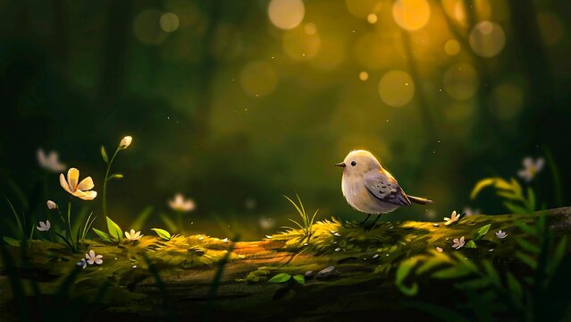 Small bird resting on forest floor with wildflowers in peaceful woodland sunlight