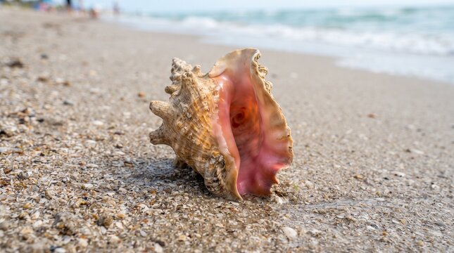 Detailed conch shell with textured exterior and pink interior on  sand  background