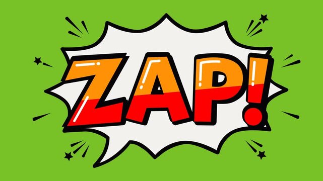 Animated ZAP comic text bursting inside a dynamic speech bubble on a green screen background