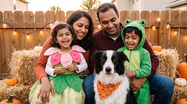 halloween family costumes children dog portrait pumpkins autumn celebration outdoors parents pose with costumed children and their dog among hay bales for warm seasonal greetings and family memories