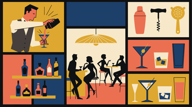 Retro cocktail bar illustration set showing bartender pouring drinks, nightlife patrons socializing and bar tools with bottles, illustrating evening leisure and hospitality lifestyle