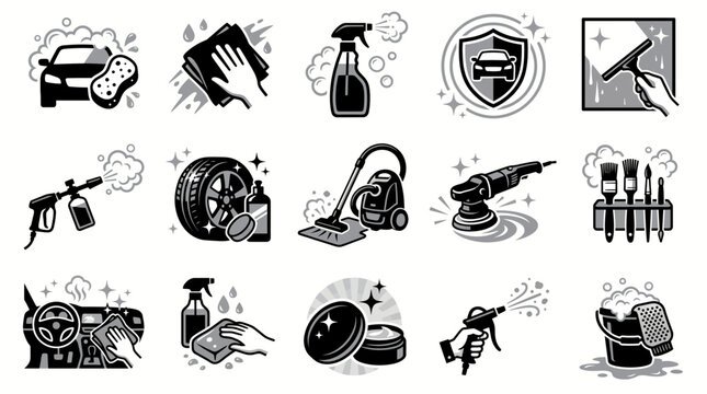 Car wash and auto detailing icon set showcasing cleaning spray tools, polishing equipment and washing accessories, representing vehicle maintenance and professional auto care