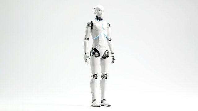 Full body view of humanoid robot standing against clean white background for technical concept presentation with background soft studio standing neutral pose