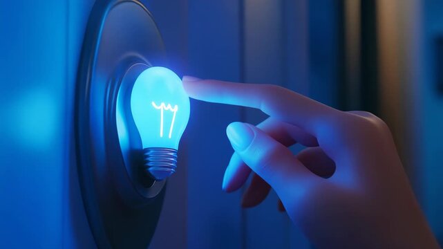 A hand pressing a button with a bright blue LED light shining through it.