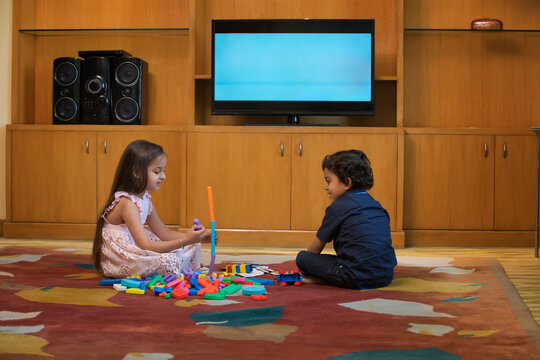 Sister and brother playing with building block in living room