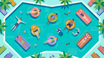 Fototapeta premium Flat vector illustration of people swimming showcasing colorful inflatable rings, air float mattresses and tropical poolside drinks, representing summer vacation and resort leisure lifestyle