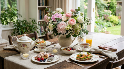 Fototapeta premium Morning breakfast table setting with floral centerpiece, croissants, poached egg, and fresh juice.