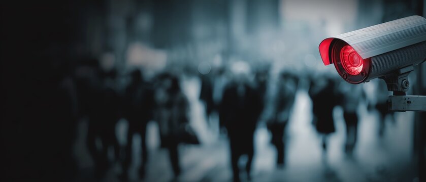 Surveillance camera monitoring urban crowd.