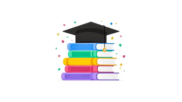 Graduation cap on colorful books representing education learning and academic success