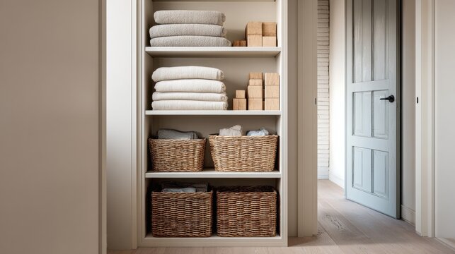 Shelves with folded linen towels and wicker baskets inside a modern bathroom closet. Organized home storage interior organization concept for tidy laundry room and daily household lifestyle.