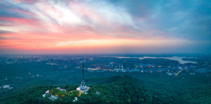 Hefei Dashu Mountain Panoramic Aerial: Sunset Glow Illuminates Lone Peak, TV Tower Stands Amid Green Canopy