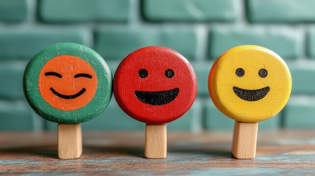 Three colorful emoji faces on sticks: happy, neutral, and smiling. Customer satisfaction concept.