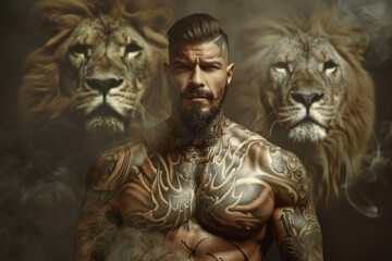 Fototapeta premium Tattooed man standing between two lion faces in smoke