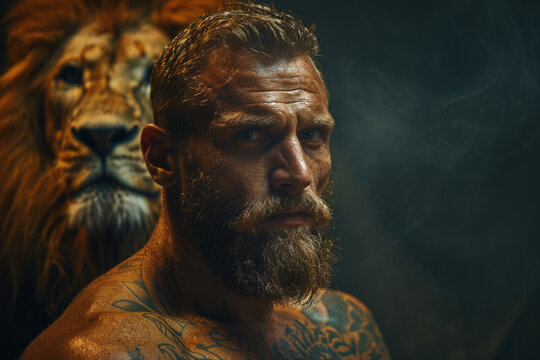 Bearded tattooed man with a lion in warm golden light