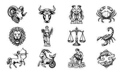 Naklejka premium Vintage Engraved Zodiac Signs Astrology Horoscope Icon Vector Collection