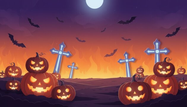 Spooky Halloween pumpkin illustration, glowing jack o lanterns and graveyard crosses. Purple night sky autumn holiday background