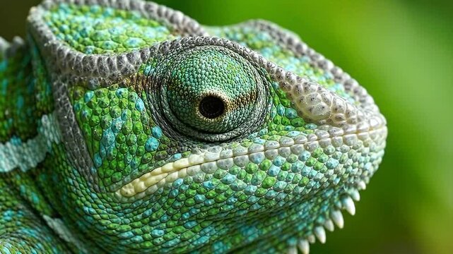 Close up of a green chameleon head. Macro portrait of a lizard with textured skin.