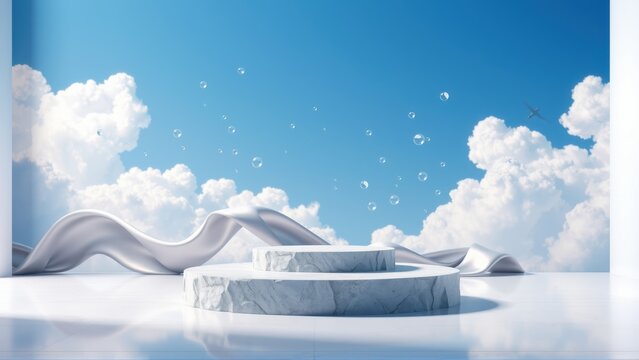 Minimalist scene. White platforms, flowing fabric, blue sky, fluffy clouds. Bubbles float near distant plane. Clean, bright presentation space.
