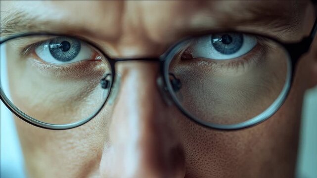 Close-up of focused human eyes behind round glasses. Blue irises reflect sharp attention. Skin texture and lens details are crisp. Gaze suggests intense concentration