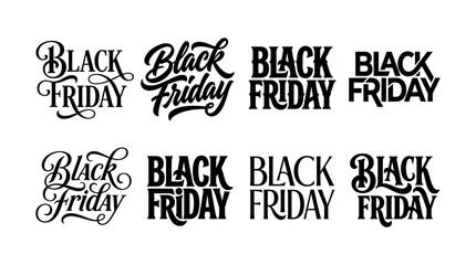 Obraz premium Set of eight different black friday typographic logo designs in black ink on a white background