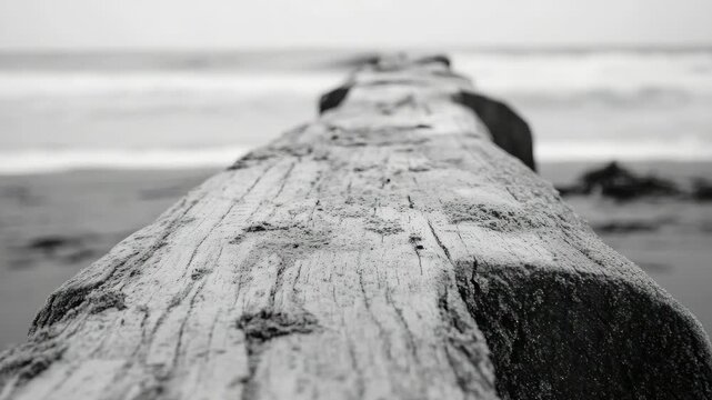 A long wooden dock jetty extends into choppy water under an overcast sky. The weathered surface of the dock shows signs of time and exposure to the elements.