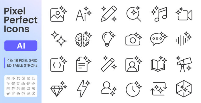 Generative AI Tools line icon set. Image, text, code, music, video, chat bot, 3D generators application linear minimal vector illustration. Simple outline sign. 48x48 Pixel Perfect. Editable Stroke