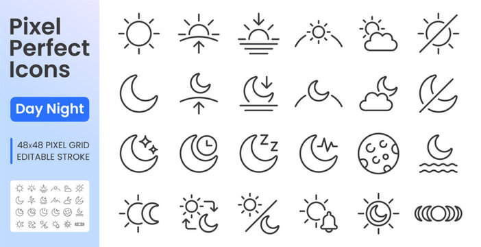 Sun, moon, day night and sleep line icon set. Daytime, sunrise, hot weather, daily routine, morning linear minimal vector illustration. Simple outline pictogram. 48x48 Pixel Perfect. Editable Stroke