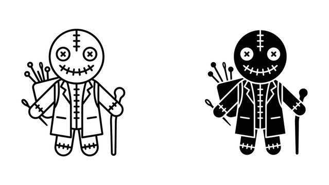 Voodoo Doll Icon Set: Two stylized icons depict a voodoo doll, one outlined and the other a solid silhouette, each with pins and a cane, symbolizing ritual and folklore.