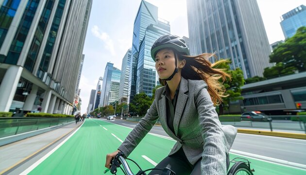 Businesswoman riding bike in city. Eco-office professional commuting on bicycle lane.