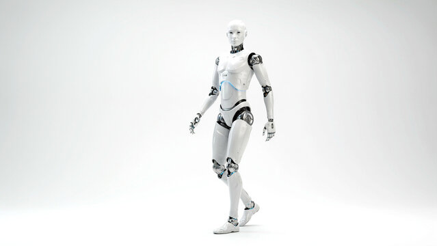 Full body view of advanced white humanoid robot walking forward against clean neutral studio background with mechanical joints walking against bright minimalist