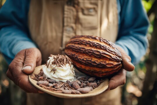 Hands holding cocoa pod with cocoa beans and chocolate dessert for world chocolate day packaging and organic food design background