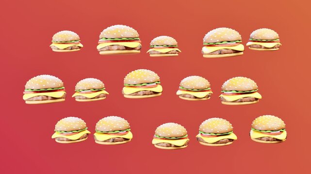 Cheeseburgers pattern on red gradient background with rows of tasty fast food burgers and sesame buns. 3d rendering
