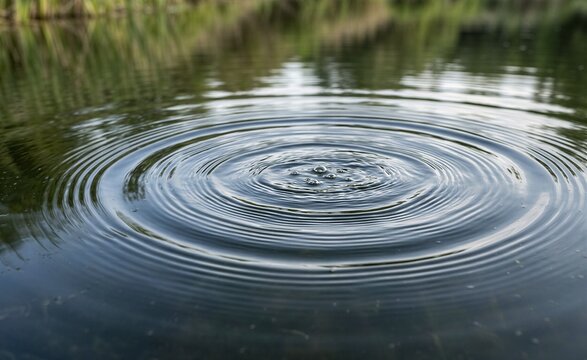 Water ripples spread across the dark surface of a calm pond after a small stone creates a splash.