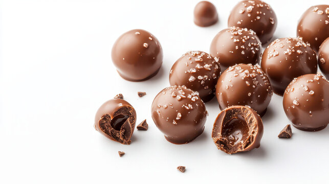 Delicious chocolate balls with smooth filling, topped with sea salt, create enticing treat for chocolate lovers