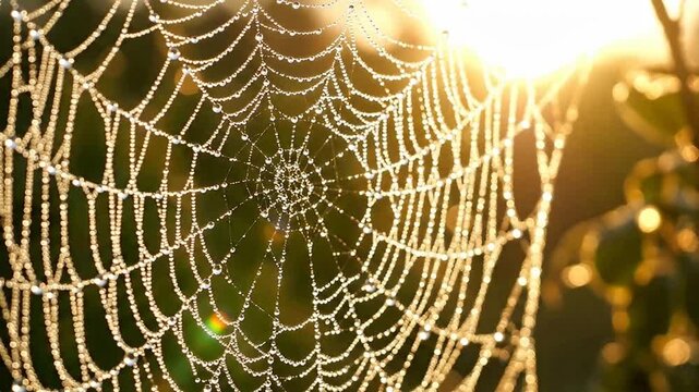 Spider web with morning dew drops. Macro shot of cobweb glistening in golden sunlight.
