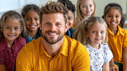 Fototapeta premium Male teacher smiles warmly with group of happy children in classroom setting, showcasing joy and engagement in learning