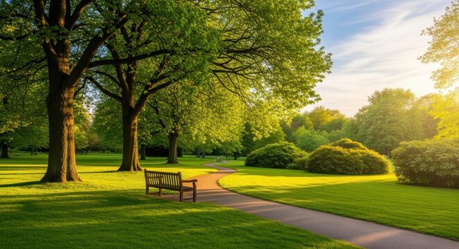 Beautiful park landscape with a winding path and a wooden bench under lush green trees