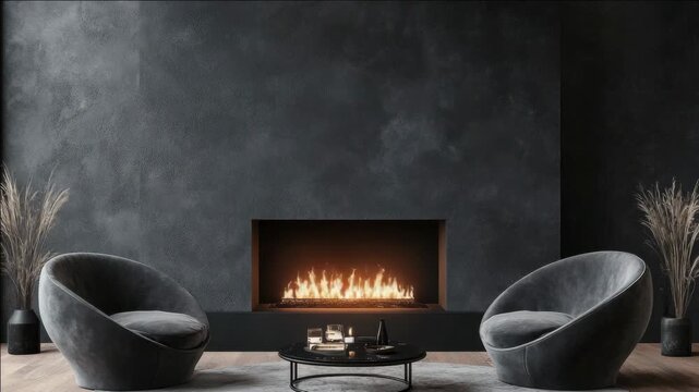 Dark textured wall frames glowing fire pit. Two sleek gray armchairs face the warmth. Minimalist coffee table sits between them. Tall dried plants add subtle contrast