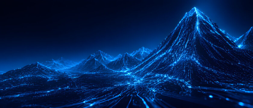 Glowing blue digital mountain range with fiber optic light lines depicting technological connectivity and data flow in a virtual terrain