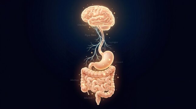 glowing human brain and digestive system connection illustration