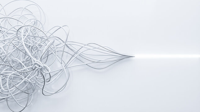 Tangled chaotic white cables merging into single straight glowing line across plain empty surface representing complex problem solving organization process