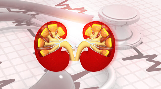 Detailed human kidney cross-section and medical stethoscope for renal diagnosis on healthcare background. 3d illustration